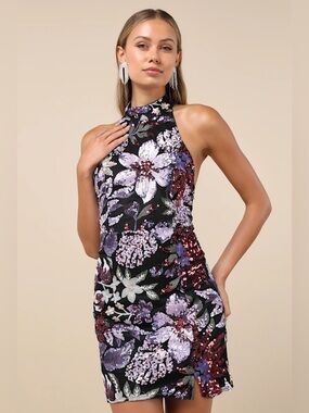 NWT Lulus Gorgeous Shine Black Multi Floral Sequin Backless Mini Dress